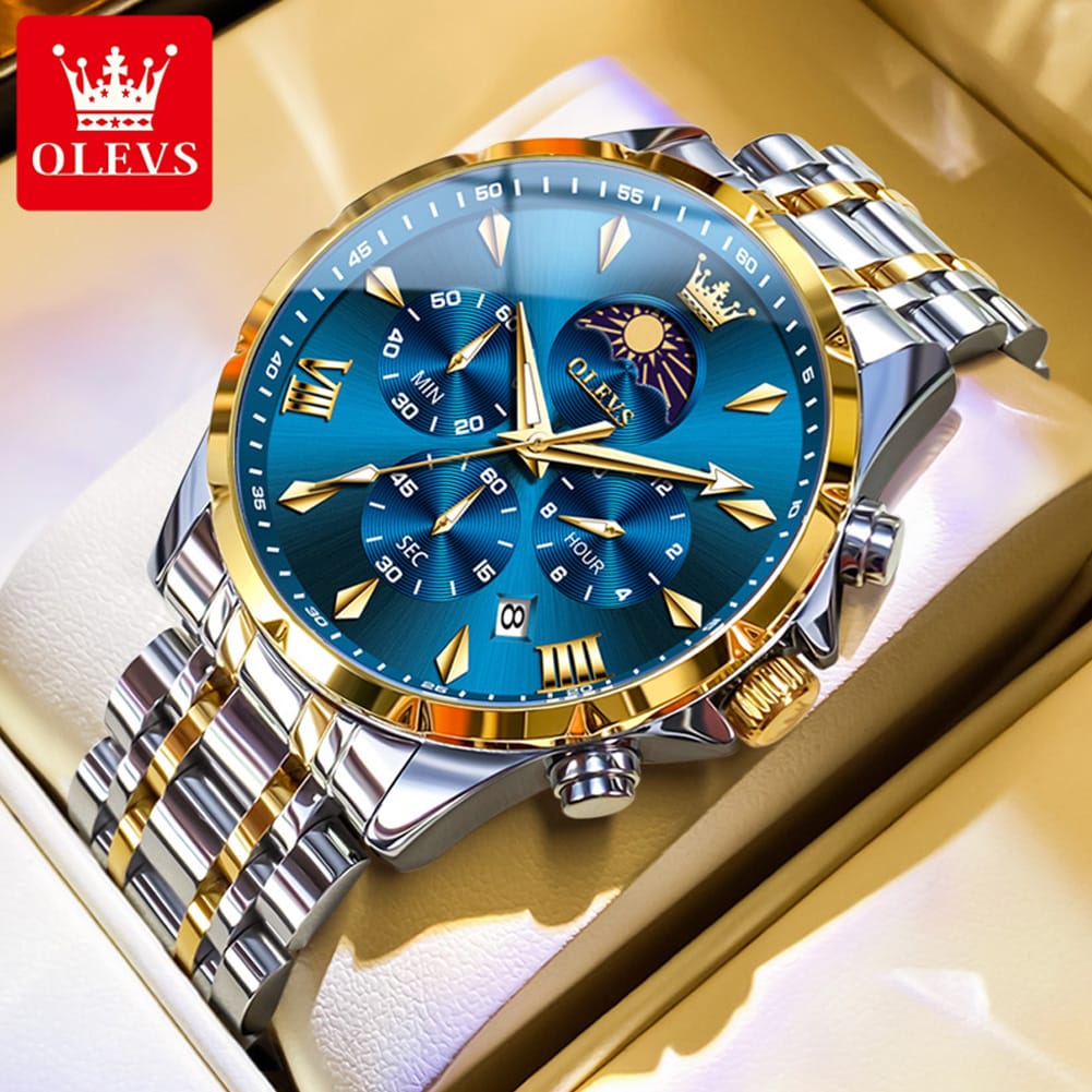 OLEVS 3655 Chronograph Moon Phase Quartz Waterproof Male Simple Original Brand Multi-function Three Small Dials Watches for Mens
