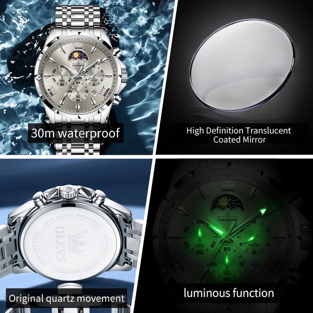 OLEVS 3655 Chronograph Moon Phase Quartz Waterproof Male Simple Original Brand Multi-function Three Small Dials Watches for Mens