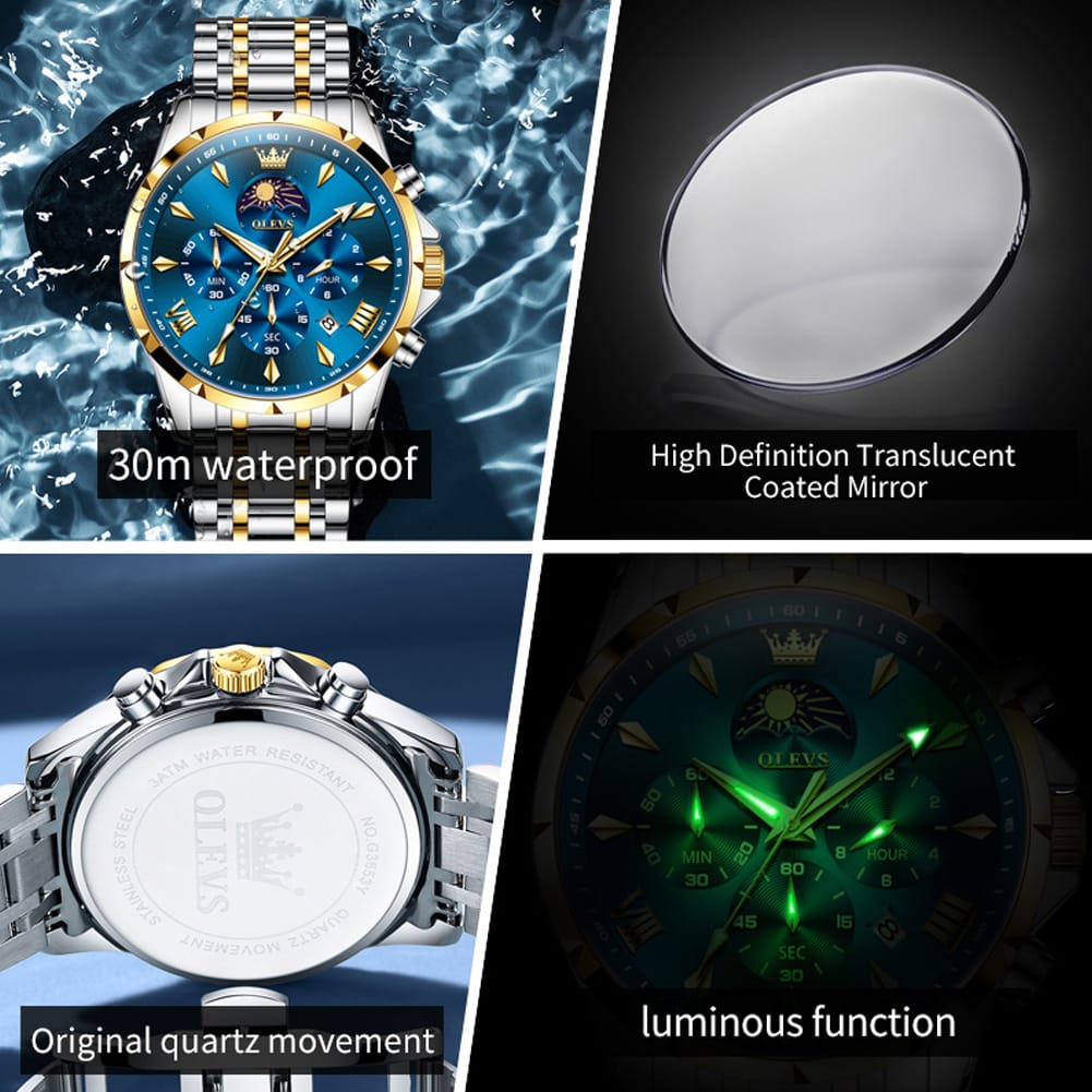 OLEVS 3655 Chronograph Moon Phase Quartz Waterproof Male Simple Original Brand Multi-function Three Small Dials Watches for Mens