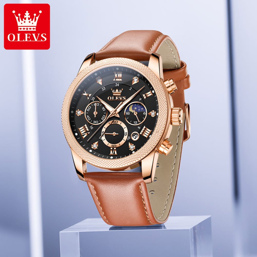 OLEVS 3660 Luxury Leather Strap Luminous Moon Phase Watch Waterproof Chronograph Watch Quartz Watch for Man
