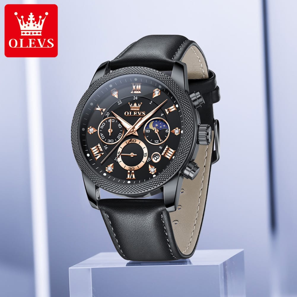 OLEVS 3660 Luxury Leather Strap Luminous Moon Phase Watch Waterproof Chronograph Watch Quartz Watch for Man