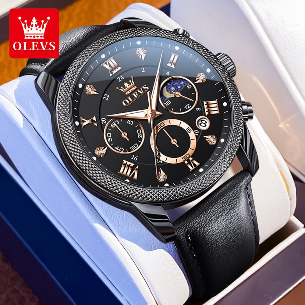 OLEVS 3660 Luxury Leather Strap Luminous Moon Phase Watch Waterproof Chronograph Watch Quartz Watch for Man