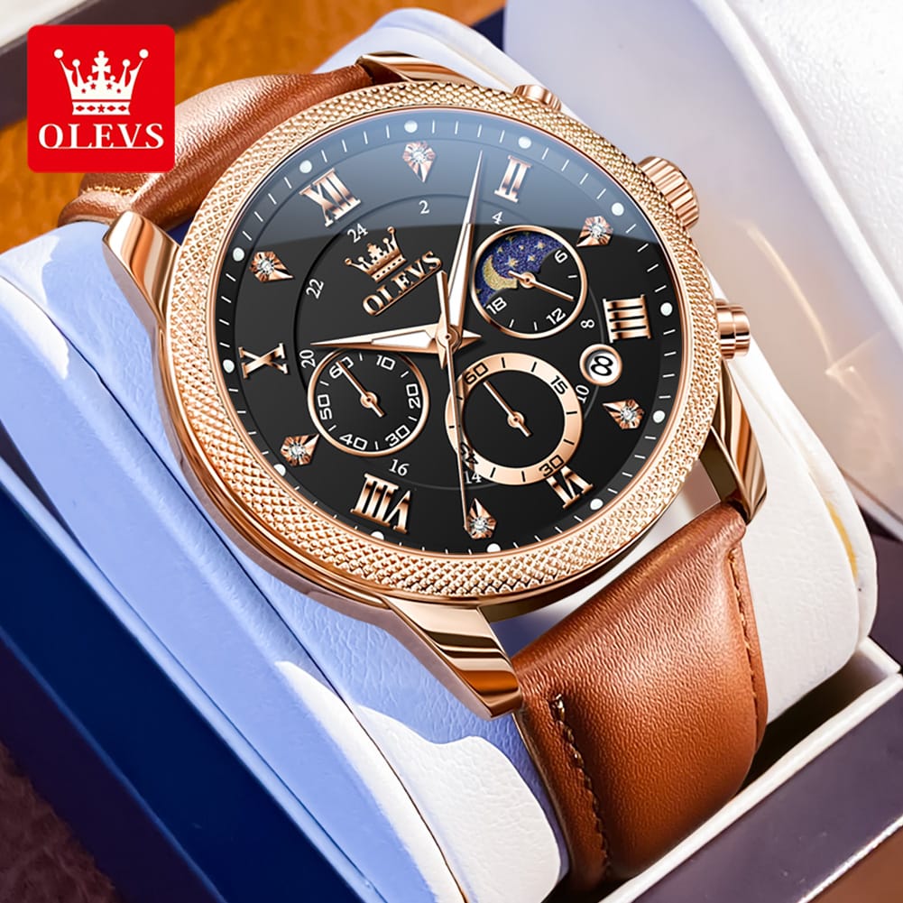 OLEVS 3660 Luxury Leather Strap Luminous Moon Phase Watch Waterproof Chronograph Watch Quartz Watch for Man