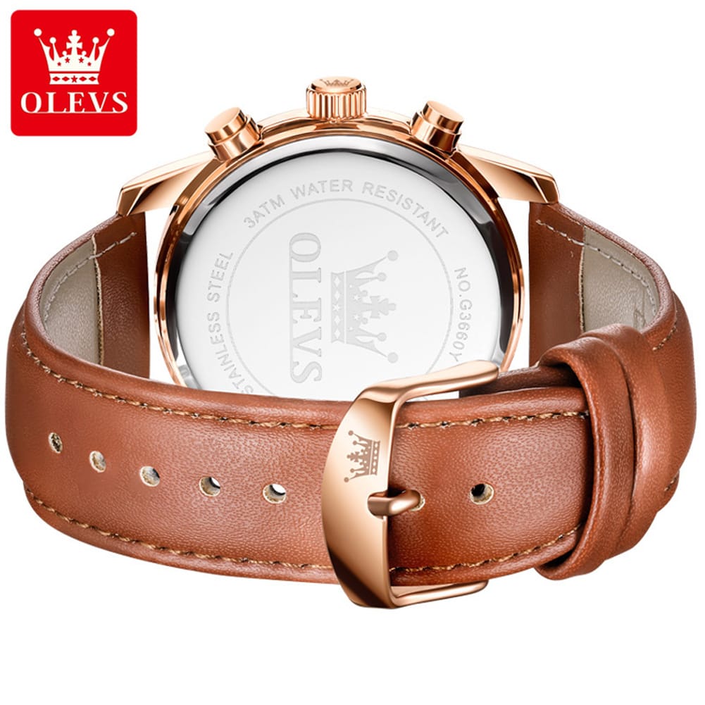 OLEVS 3660 Luxury Leather Strap Luminous Moon Phase Watch Waterproof Chronograph Watch Quartz Watch for Man