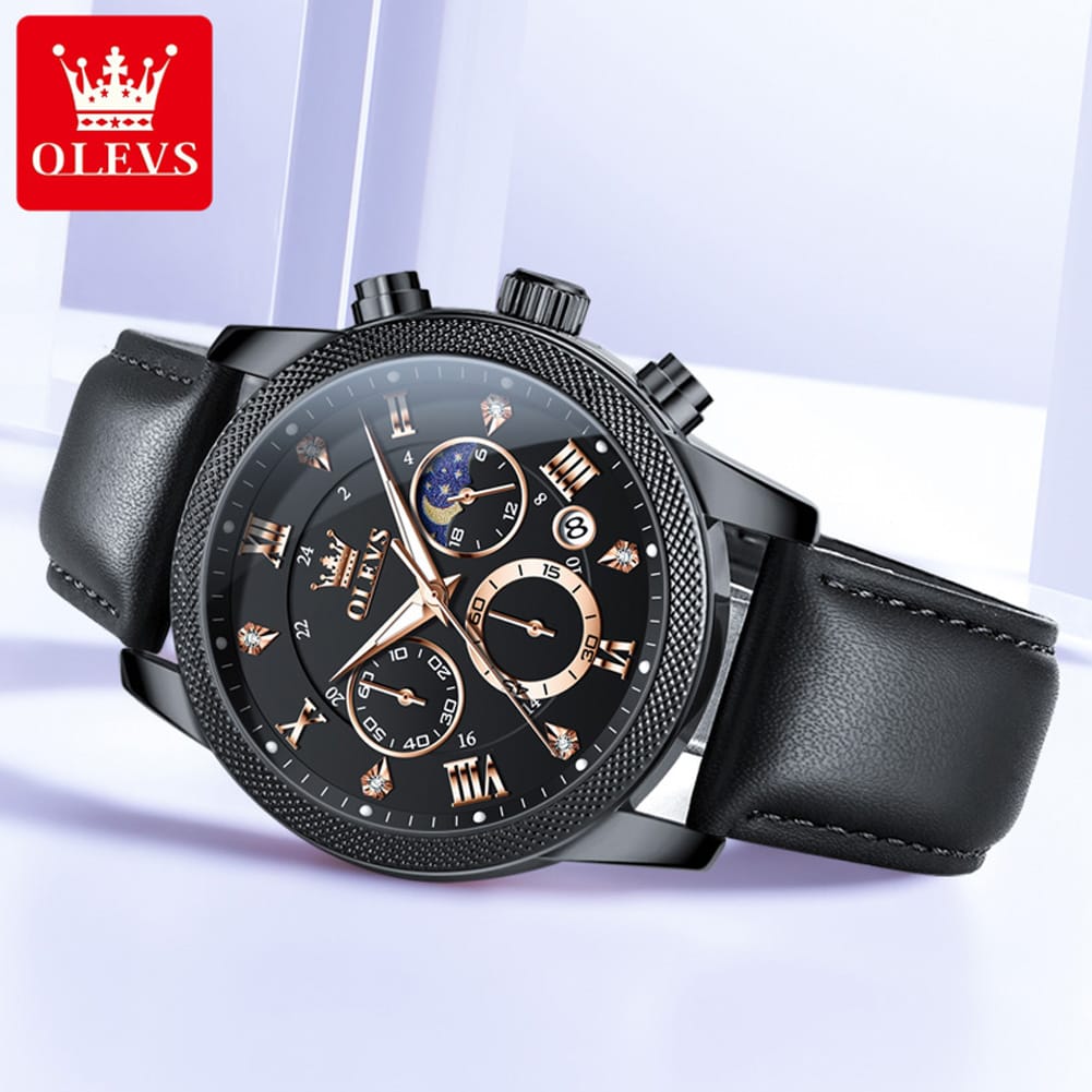 OLEVS 3660 Luxury Leather Strap Luminous Moon Phase Watch Waterproof Chronograph Watch Quartz Watch for Man