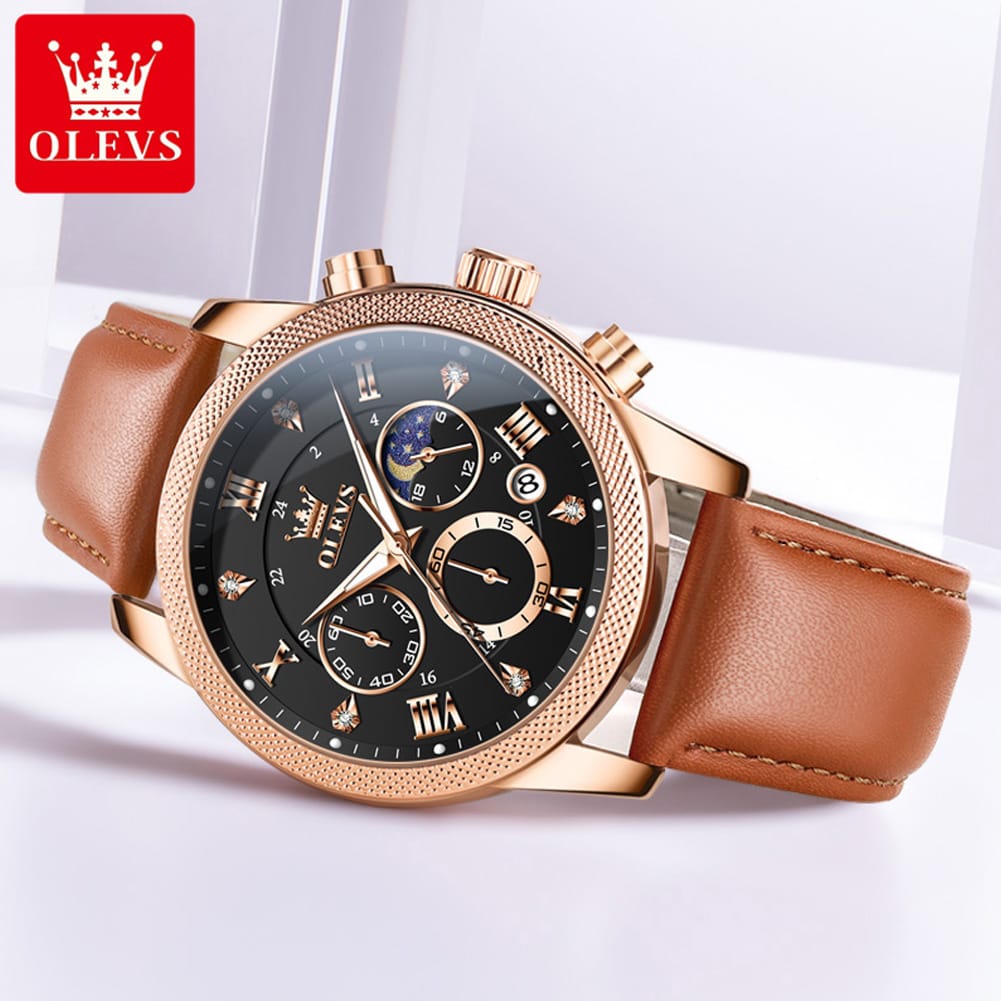OLEVS 3660 Luxury Leather Strap Luminous Moon Phase Watch Waterproof Chronograph Watch Quartz Watch for Man