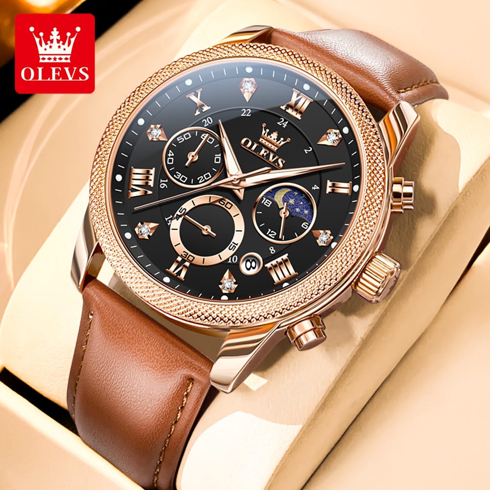 OLEVS 3660 Luxury Leather Strap Luminous Moon Phase Watch Waterproof Chronograph Watch Quartz Watch for Man