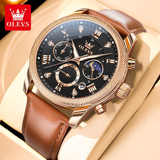 OLEVS 3660  Luxury Leather Strap Luminous Moon Phase Watch Waterproof Chronograph Watch Quartz Watch for Man