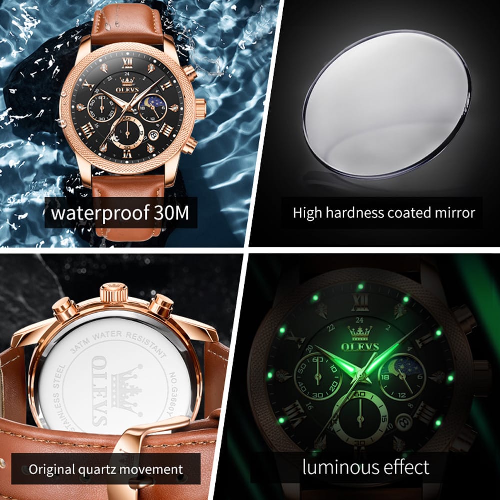 OLEVS 3660 Luxury Leather Strap Luminous Moon Phase Watch Waterproof Chronograph Watch Quartz Watch for Man