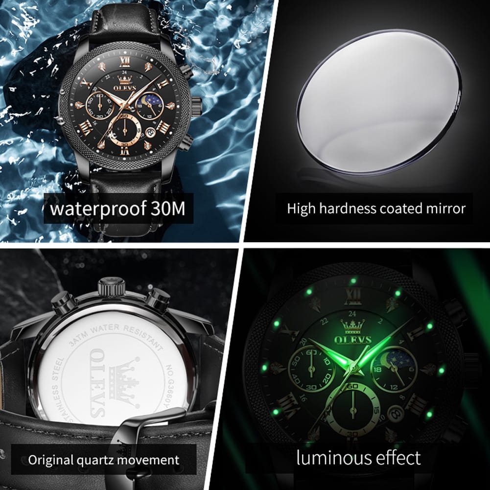 OLEVS 3660 Luxury Leather Strap Luminous Moon Phase Watch Waterproof Chronograph Watch Quartz Watch for Man