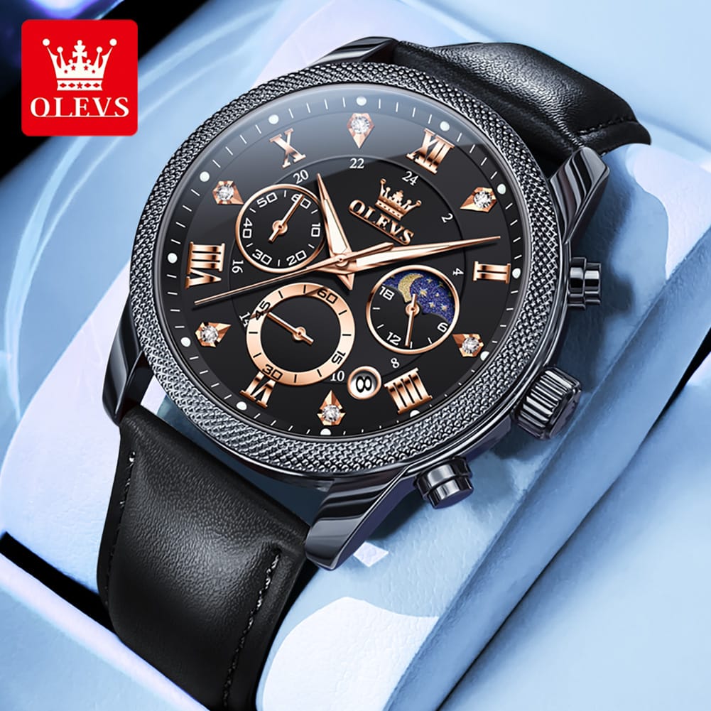 OLEVS 3660 Luxury Leather Strap Luminous Moon Phase Watch Waterproof Chronograph Watch Quartz Watch for Man