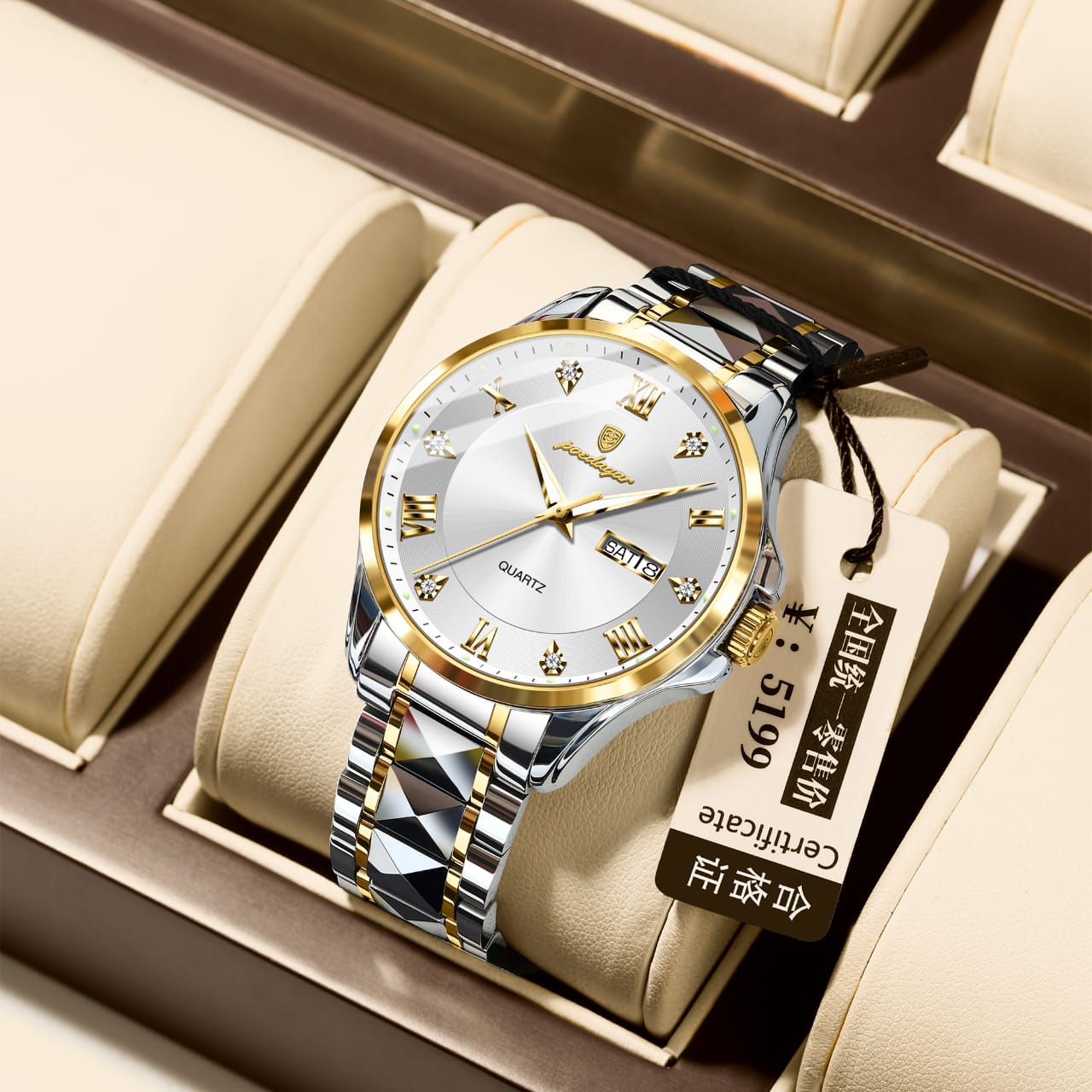 POEDAGAR 883 Date Week Man Wristwatch Stainless Steel Belt Fashion Men Clock Waterproof Luminous Quartz Men's Watches