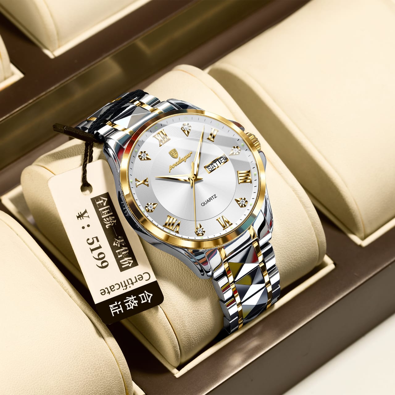 POEDAGAR 883 Date Week Man Wristwatch Stainless Steel Belt Fashion Men Clock Waterproof Luminous Quartz Men's Watches
