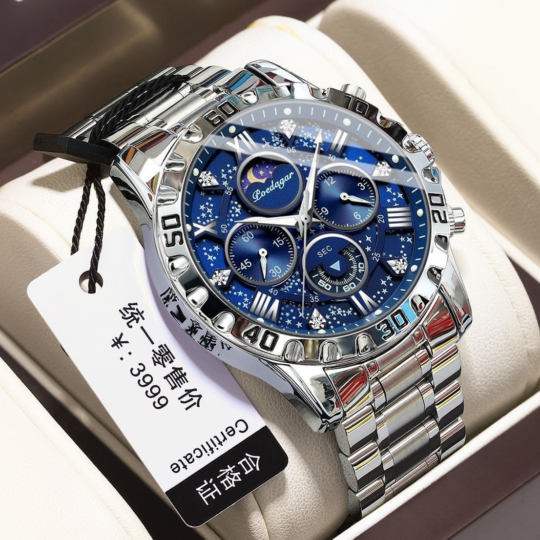 POEDAGAR 973 Men Watch Fashion Chronograph Quartz Watches High Quality Leather Waterproof Luminous Auto Date Business Wristwatch