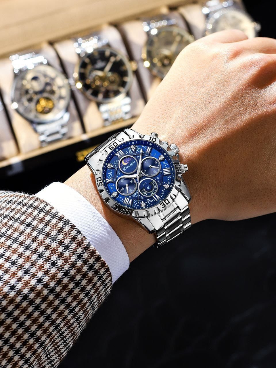 POEDAGAR 973 Men Watch Fashion Chronograph Quartz Watches High Quality Leather Waterproof Luminous Auto Date Business Wristwatch