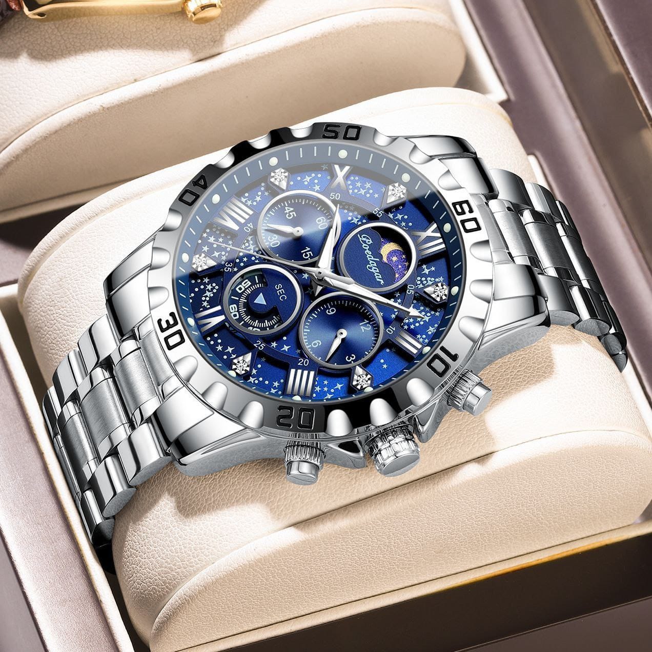 POEDAGAR 973 Men Watch Fashion Chronograph Quartz Watches High Quality Leather Waterproof Luminous Auto Date Business Wristwatch