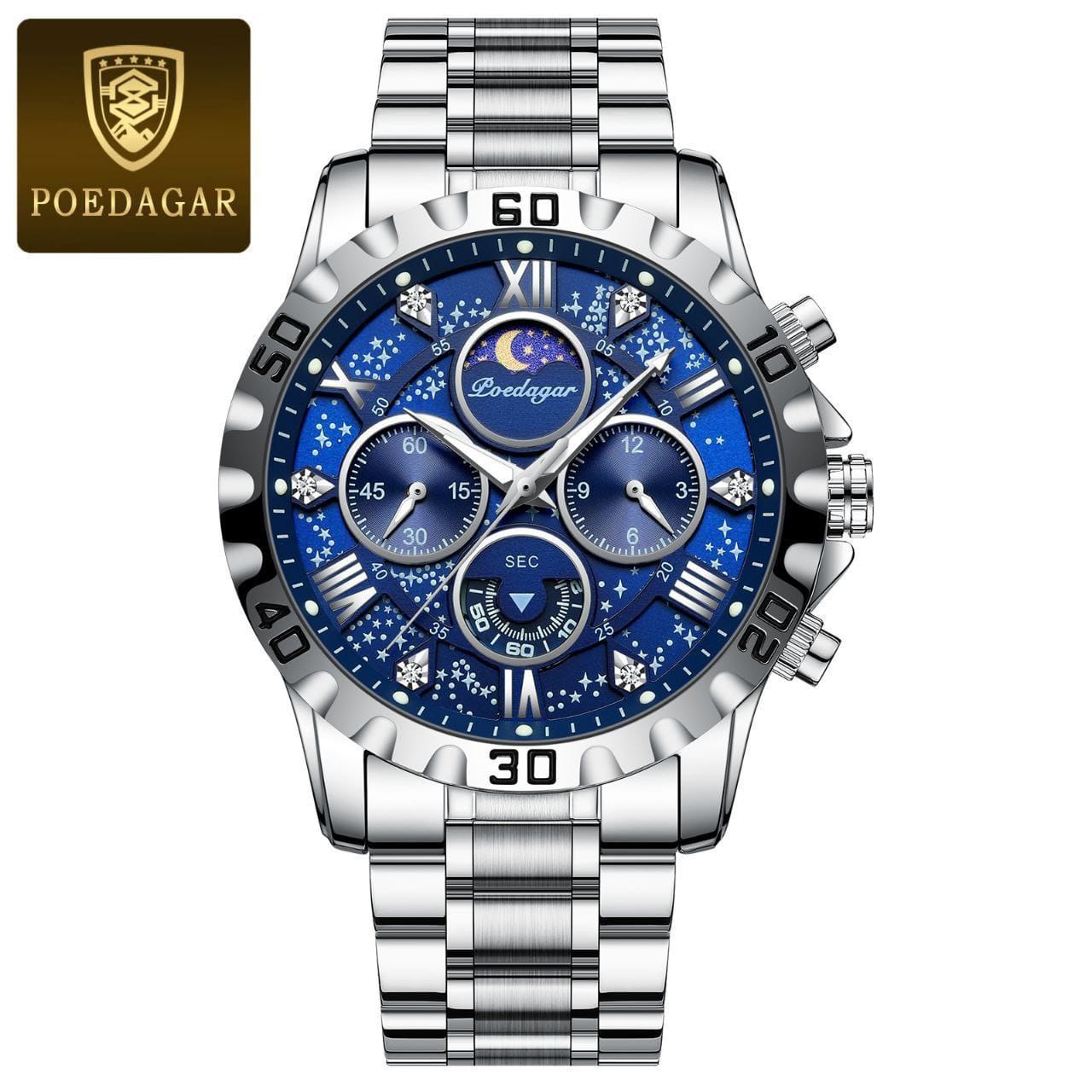 POEDAGAR 973 Men Watch Fashion Chronograph Quartz Watches High Quality Leather Waterproof Luminous Auto Date Business Wristwatch