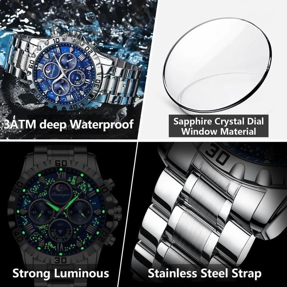POEDAGAR 973 Men Watch Fashion Chronograph Quartz Watches High Quality Leather Waterproof Luminous Auto Date Business Wristwatch