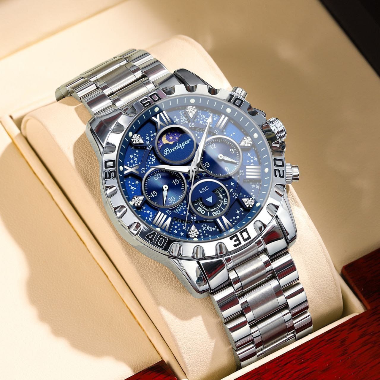POEDAGAR 973 Men Watch Fashion Chronograph Quartz Watches High Quality Leather Waterproof Luminous Auto Date Business Wristwatch