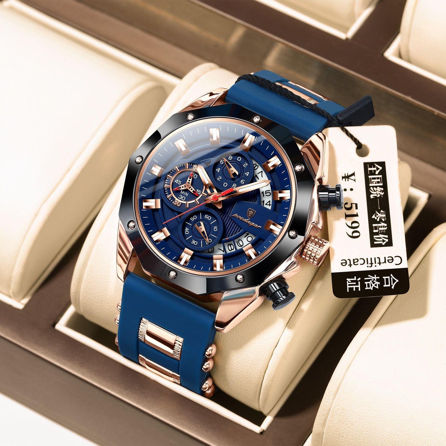 POEDAGAR 913 Waterproof Luminous Sport Business Chronograph Men Night Light Watch Blue Silicone Strap Japan Quartz Men's Watches