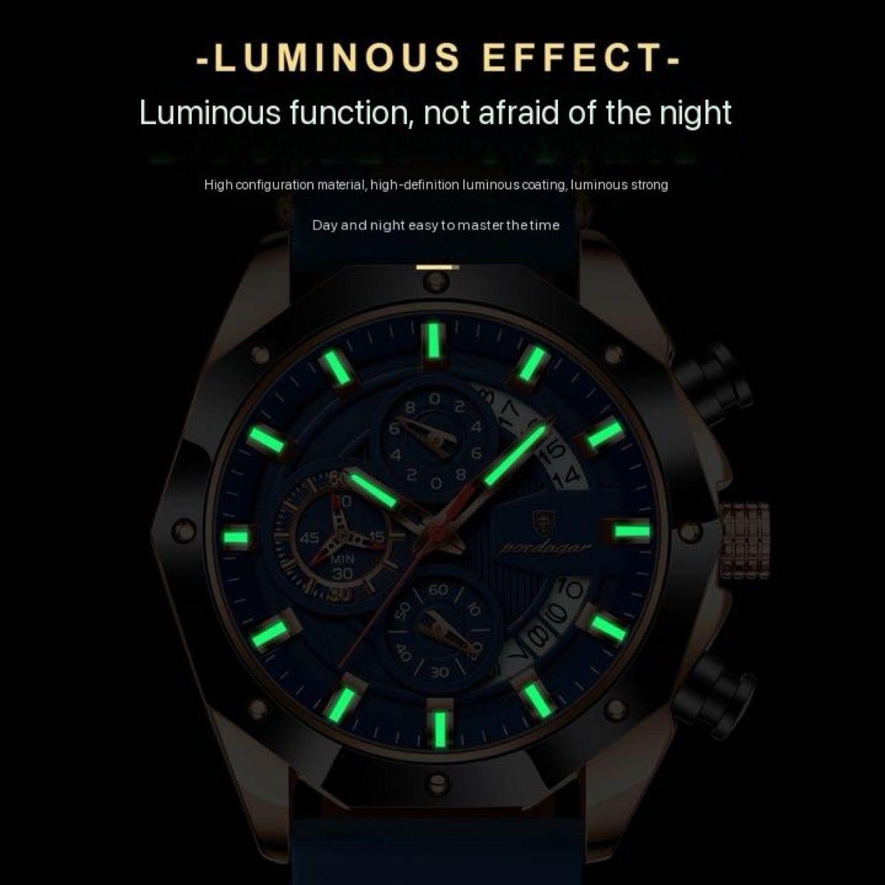 POEDAGAR 913 Waterproof Luminous Sport Business Chronograph Men Night Light Watch Blue Silicone Strap Japan Quartz Men's Watches