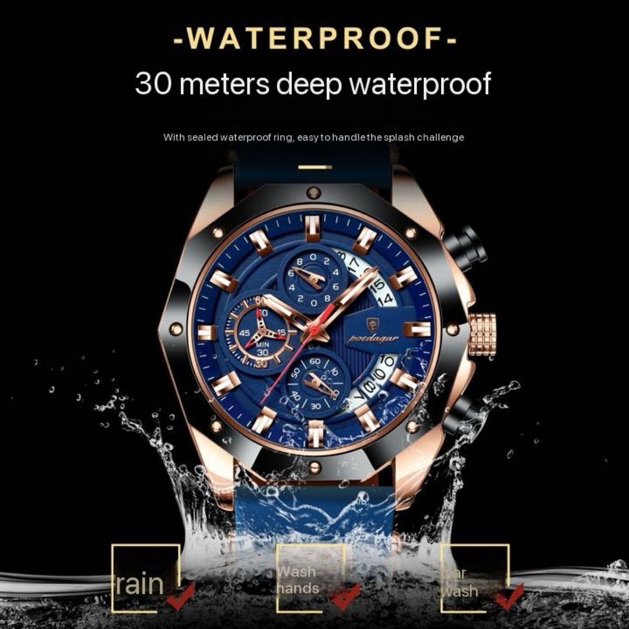POEDAGAR 913 Waterproof Luminous Sport Business Chronograph Men Night Light Watch Blue Silicone Strap Japan Quartz Men's Watches