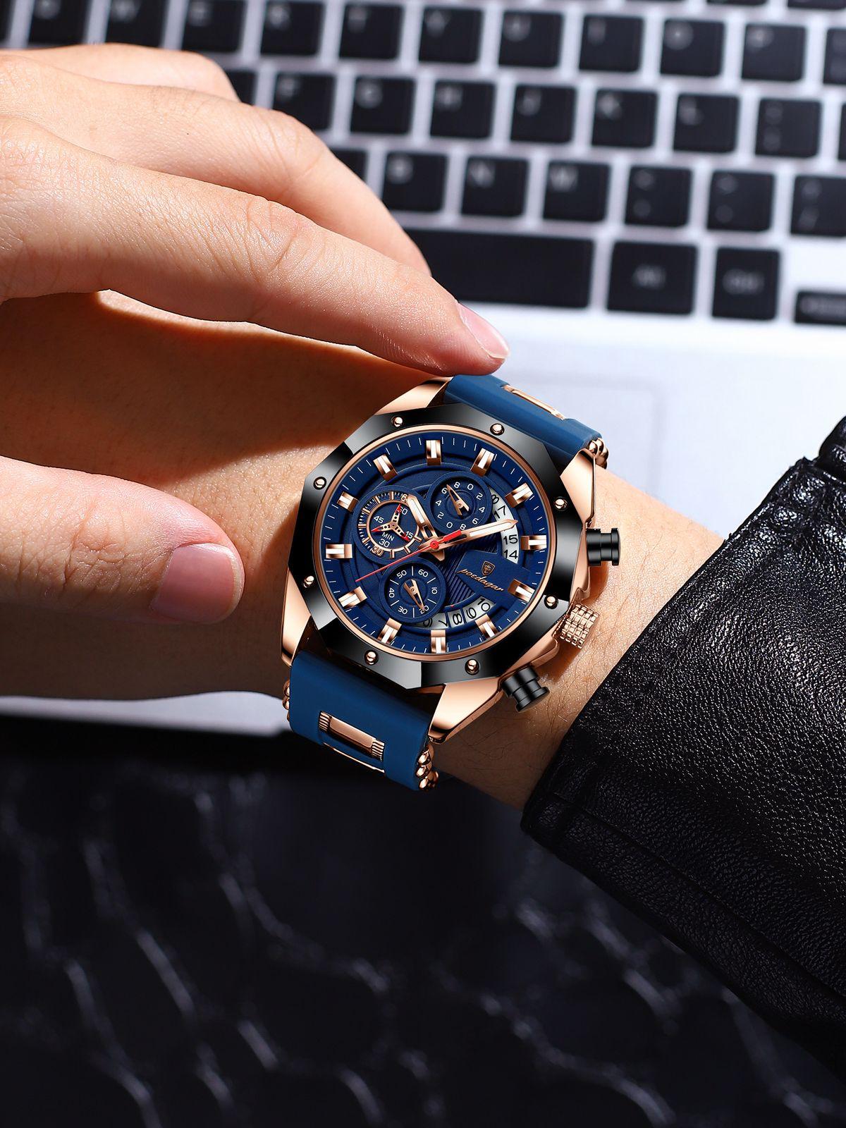 POEDAGAR 913 Waterproof Luminous Sport Business Chronograph Men Night Light Watch Blue Silicone Strap Japan Quartz Men's Watches