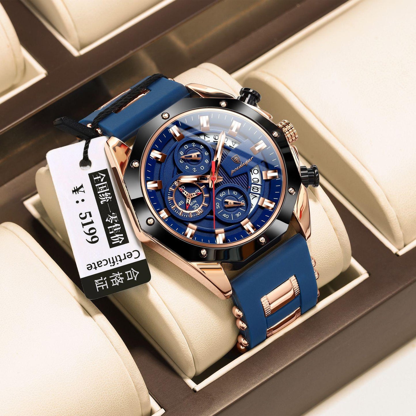 POEDAGAR 913 Waterproof Luminous Sport Business Chronograph Men Night Light Watch Blue Silicone Strap Japan Quartz Men's Watches