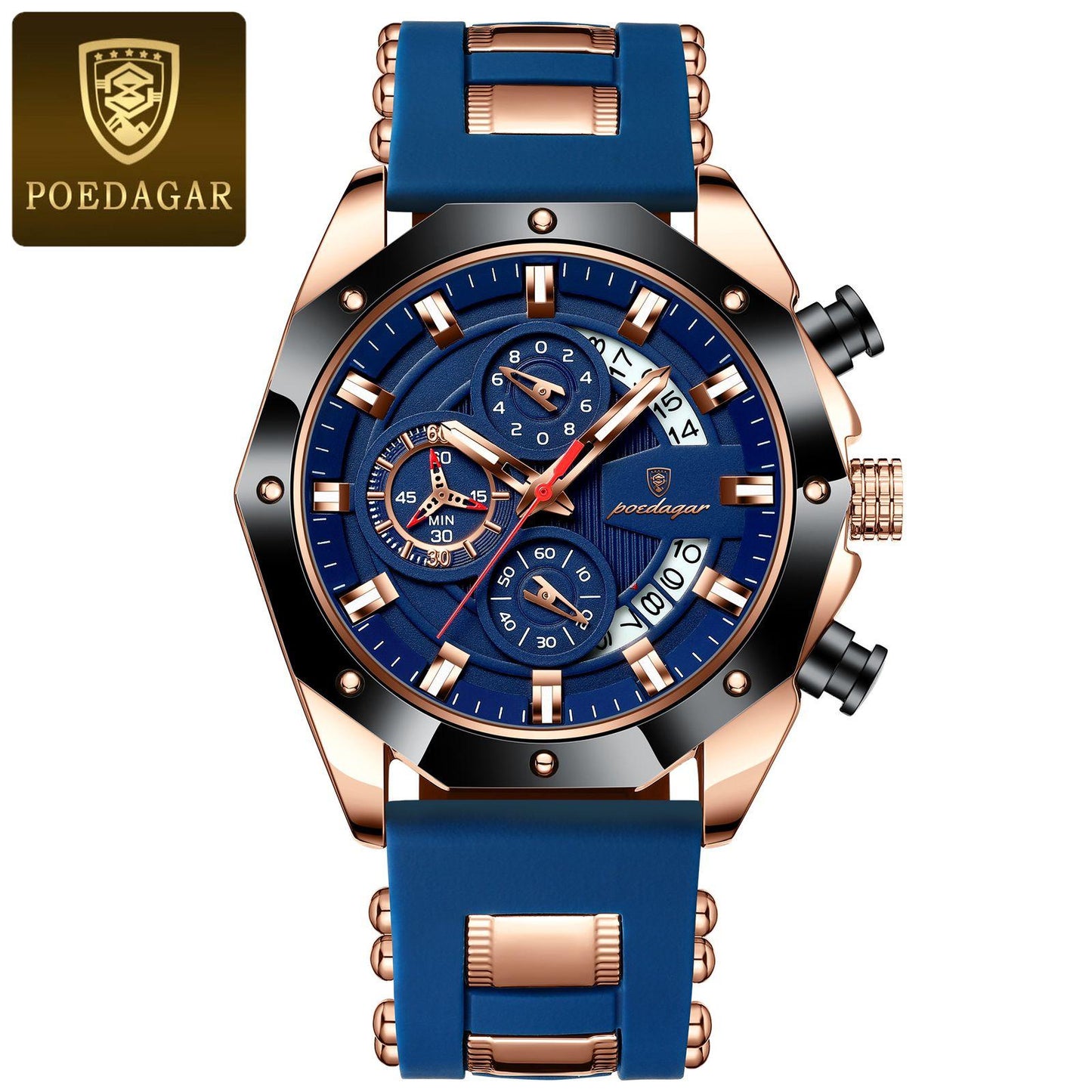 POEDAGAR 913 Waterproof Luminous Sport Business Chronograph Men Night Light Watch Blue Silicone Strap Japan Quartz Men's Watches