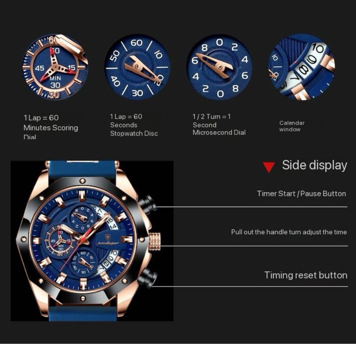 POEDAGAR 913 Waterproof Luminous Sport Business Chronograph Men Night Light Watch Blue Silicone Strap Japan Quartz Men's Watches