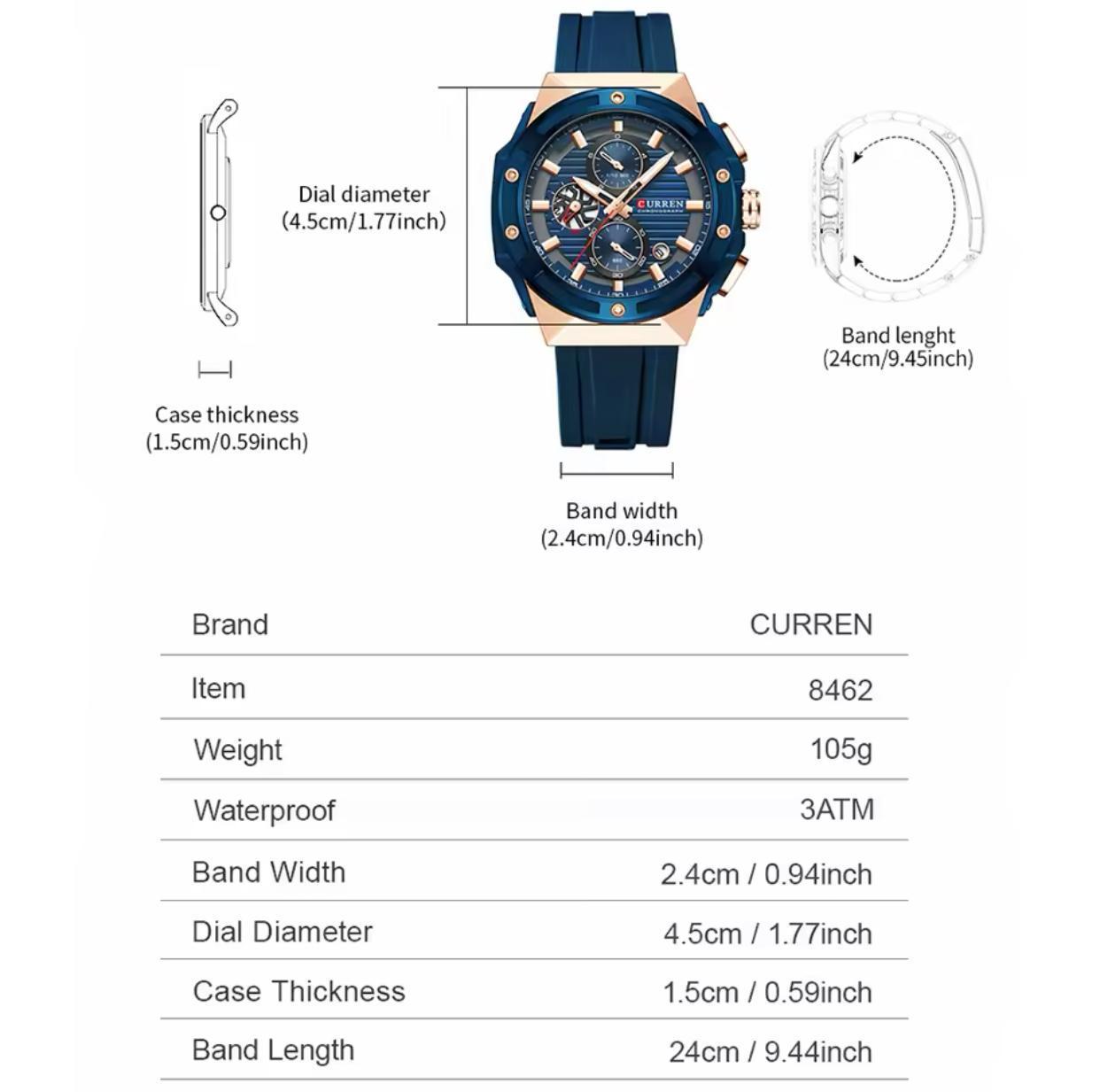 CURREN 8462 Latest Design Men Quartz Watch Silicone Strap Multifunctional Timing Code Classic Luminous Waterproof Men's Watch
