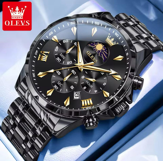 OLEVS 3653 Luminous Date Moon Phase Casual Men Business Dress Analog Quartz Three Eye Dial Stainless Steel Waterproof Wristwatch