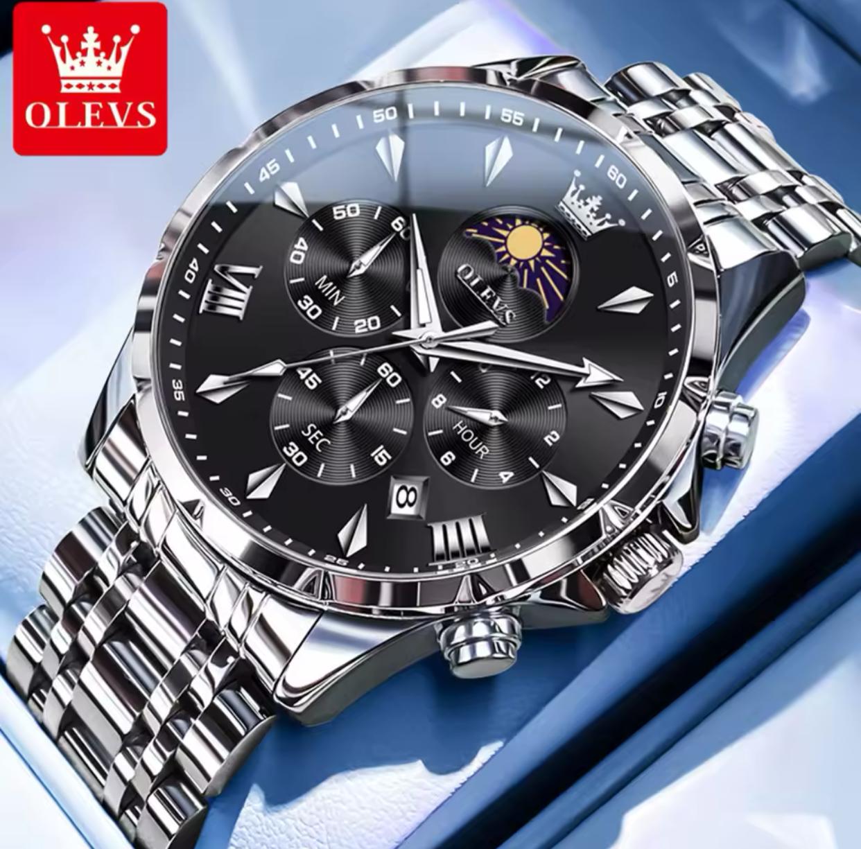 OLEVS 3653 Luminous Date Moon Phase Casual Men Business Dress Analog Quartz Three Eye Dial Stainless Steel Waterproof Wristwatch
