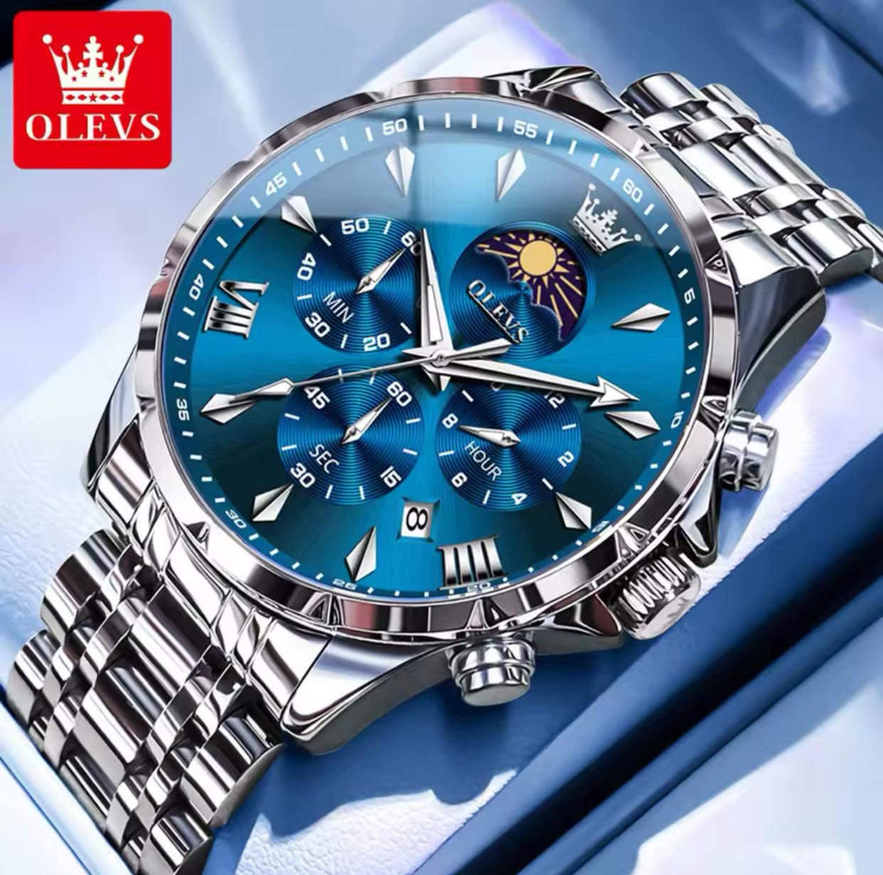 OLEVS 3653 Luminous Date Moon Phase Casual Men Business Dress Analog Quartz Three Eye Dial Stainless Steel Waterproof Wristwatch
