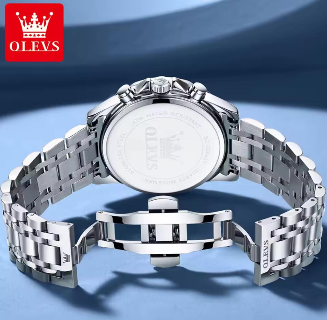 OLEVS 3653 Luminous Date Moon Phase Casual Men Business Dress Analog Quartz Three Eye Dial Stainless Steel Waterproof Wristwatch