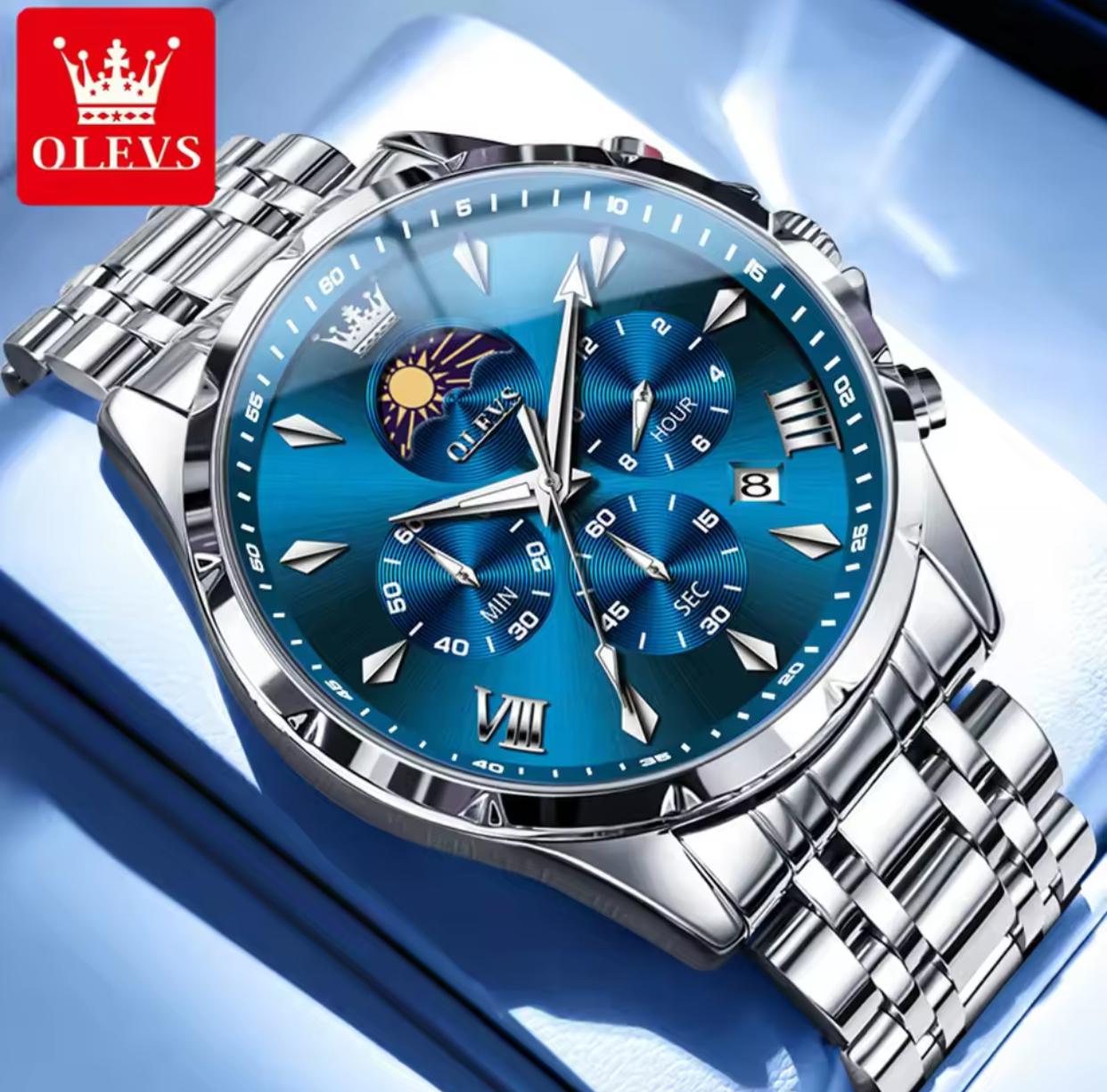 OLEVS 3653 Luminous Date Moon Phase Casual Men Business Dress Analog Quartz Three Eye Dial Stainless Steel Waterproof Wristwatch
