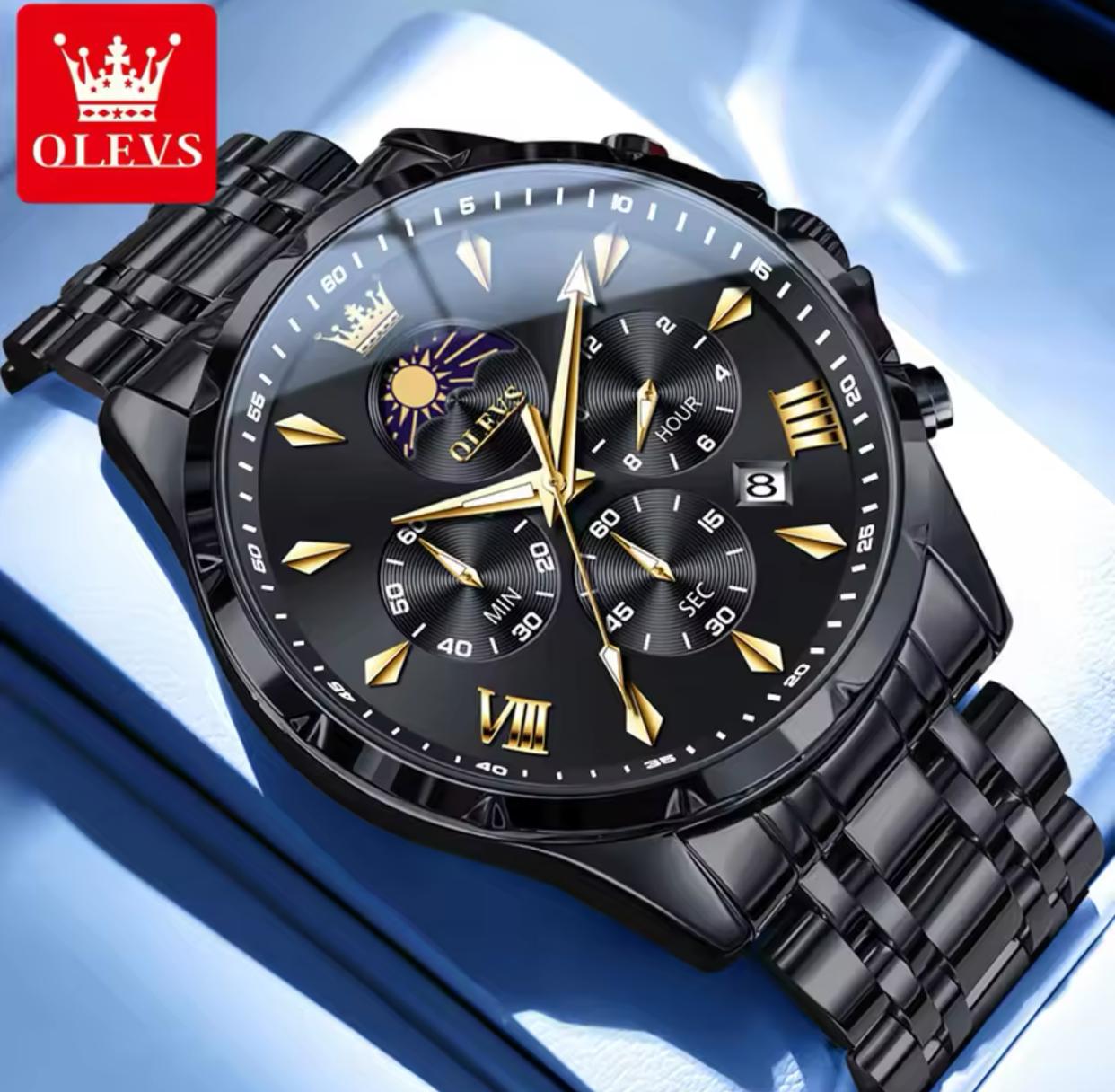 OLEVS 3653 Luminous Date Moon Phase Casual Men Business Dress Analog Quartz Three Eye Dial Stainless Steel Waterproof Wristwatch