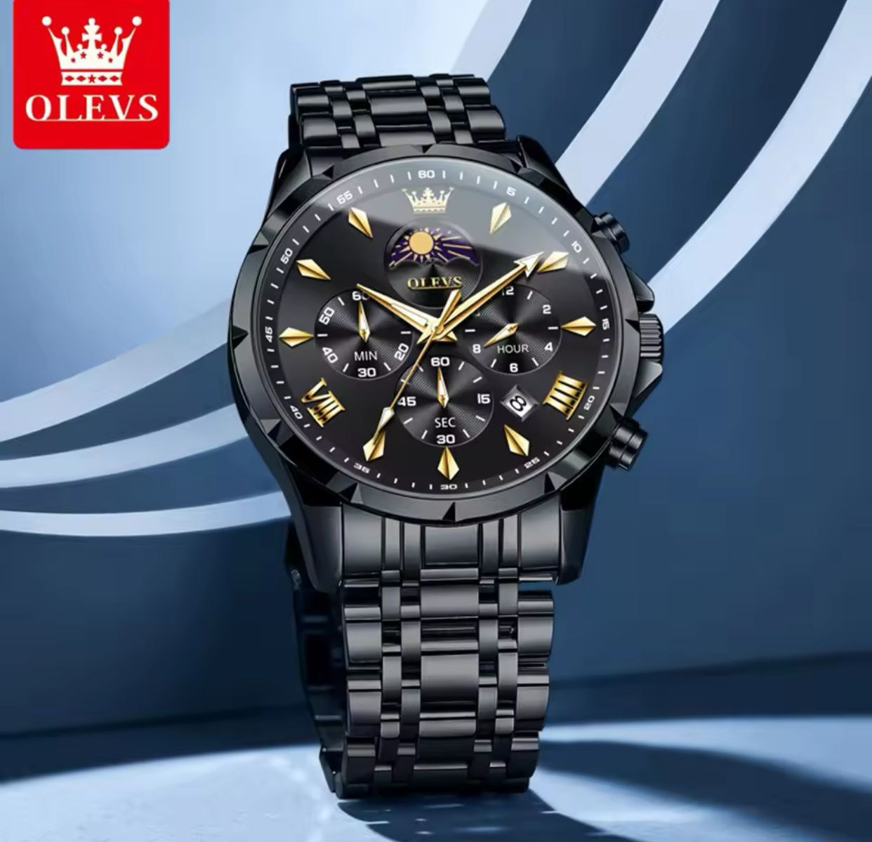 OLEVS 3653 Luminous Date Moon Phase Casual Men Business Dress Analog Quartz Three Eye Dial Stainless Steel Waterproof Wristwatch