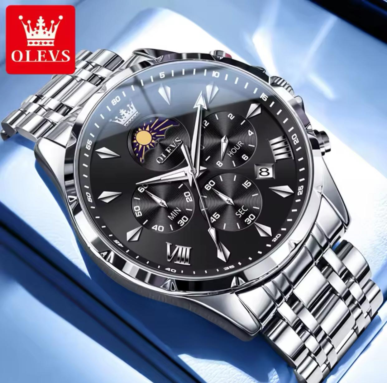OLEVS 3653 Luminous Date Moon Phase Casual Men Business Dress Analog Quartz Three Eye Dial Stainless Steel Waterproof Wristwatch