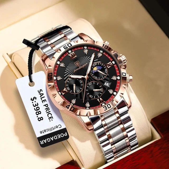 POEDAGAR-965 Men's Multifunctional Quartz Watch Fashionable Night Light Waterproof Stainless Steel Band Buckle Clasp Glass Dial