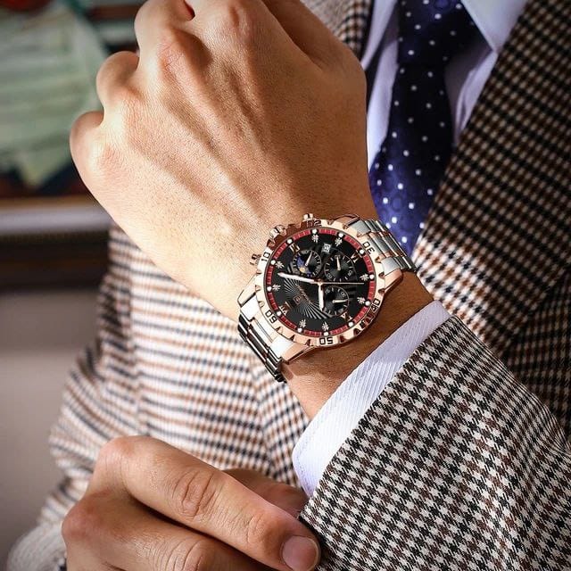 POEDAGAR-965 Men's Multifunctional Quartz Watch Fashionable Night Light Waterproof Stainless Steel Band Buckle Clasp Glass Dial