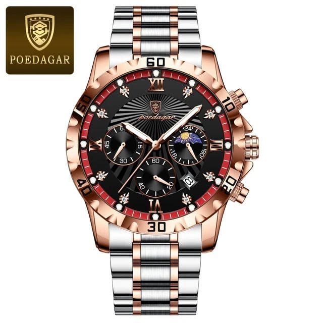 POEDAGAR-965 Men's Multifunctional Quartz Watch Fashionable Night Light Waterproof Stainless Steel Band Buckle Clasp Glass Dial