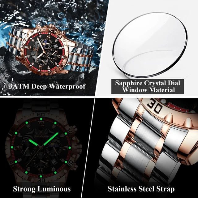 POEDAGAR-965 Men's Multifunctional Quartz Watch Fashionable Night Light Waterproof Stainless Steel Band Buckle Clasp Glass Dial
