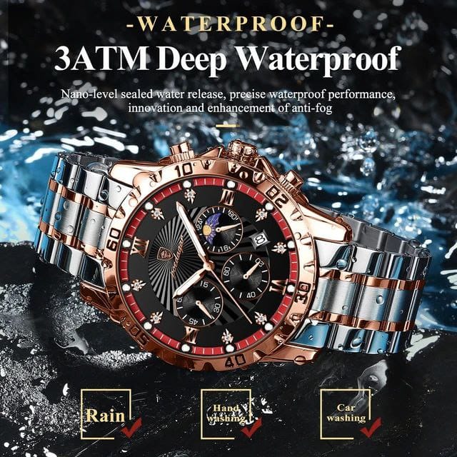POEDAGAR-965 Men's Multifunctional Quartz Watch Fashionable Night Light Waterproof Stainless Steel Band Buckle Clasp Glass Dial