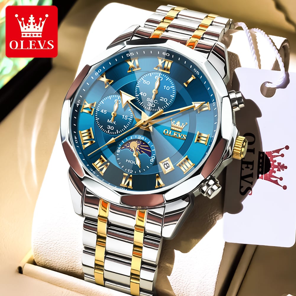 OLEVS 3675 Mens Moon Phase Classic Male Wrist Watch Analog Quartz Business Dress Watches Calendar Stainless Steel Strap Watches