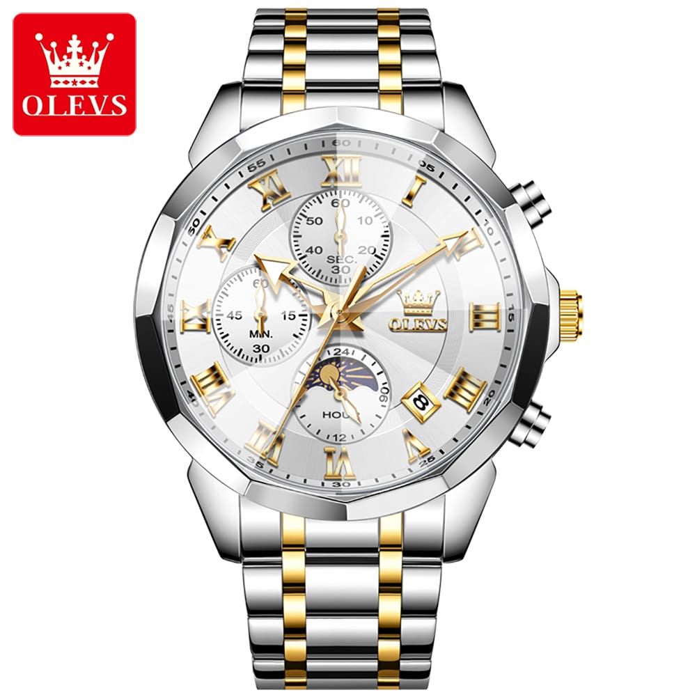 OLEVS 3675 Mens Moon Phase Classic Male Wrist Watch Analog Quartz Business Dress Watches Calendar Stainless Steel Strap Watches