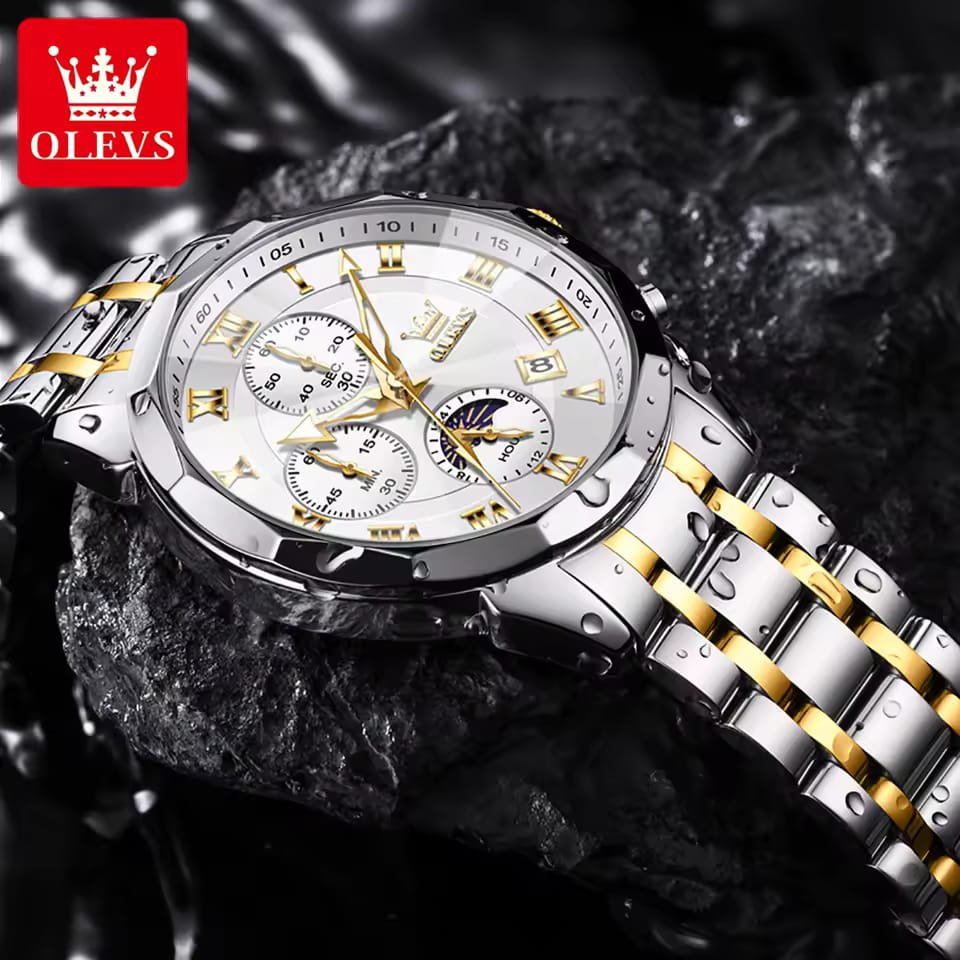 OLEVS 3675 Mens Moon Phase Classic Male Wrist Watch Analog Quartz Business Dress Watches Calendar Stainless Steel Strap Watches