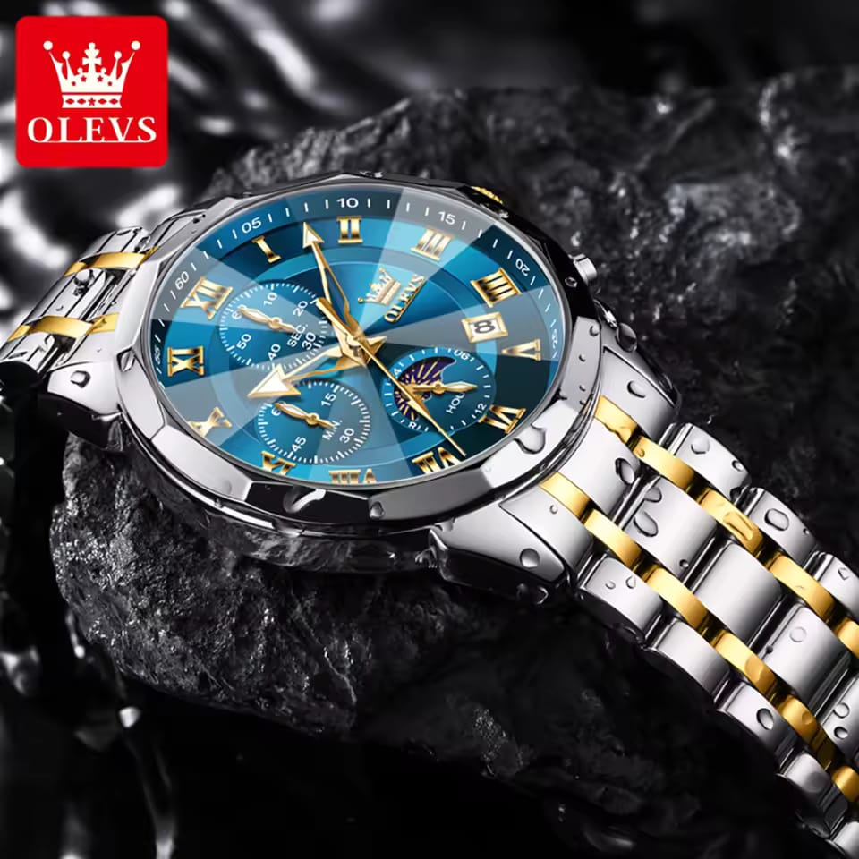 OLEVS 3675 Mens Moon Phase Classic Male Wrist Watch Analog Quartz Business Dress Watches Calendar Stainless Steel Strap Watches