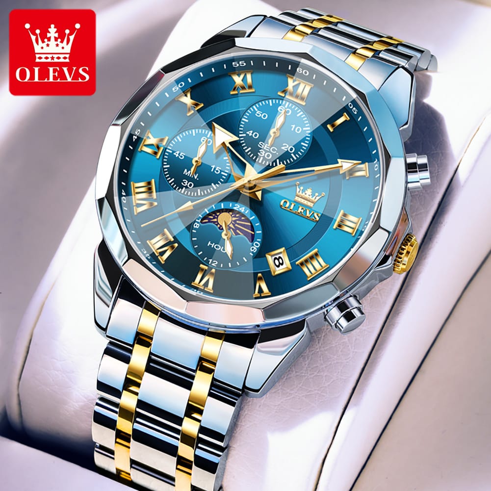 OLEVS 3675 Mens Moon Phase Classic Male Wrist Watch Analog Quartz Business Dress Watches Calendar Stainless Steel Strap Watches