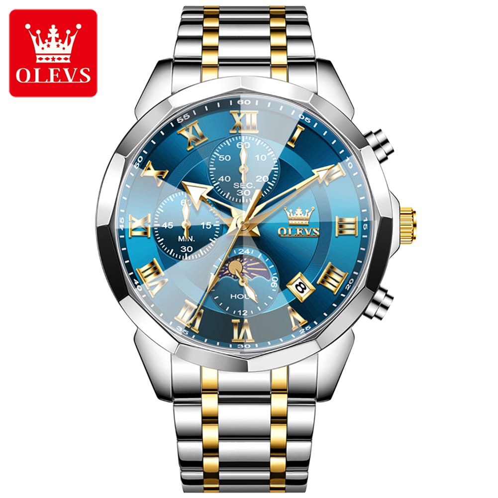OLEVS 3675 Mens Moon Phase Classic Male Wrist Watch Analog Quartz Business Dress Watches Calendar Stainless Steel Strap Watches